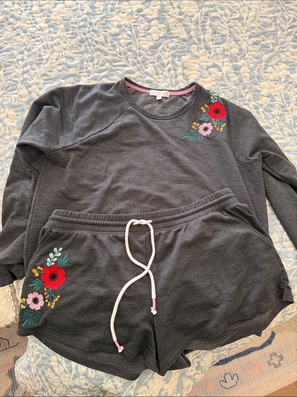 PJ Salvage Dark Gray Floral Embroidered Lounge Set